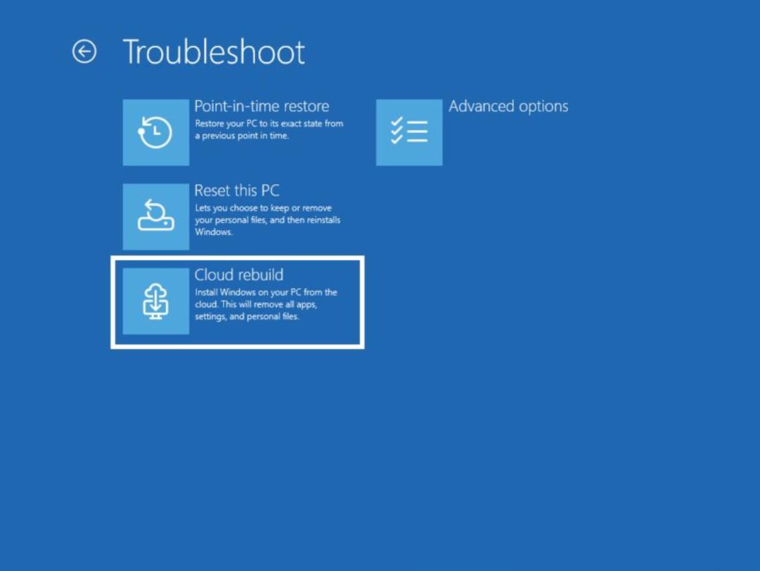 نمای منوی Troubleshoot ویندوز که گزینه Cloud rebuild برای نصب مجدد سیستم از طریق ابر انتخاب شده است.