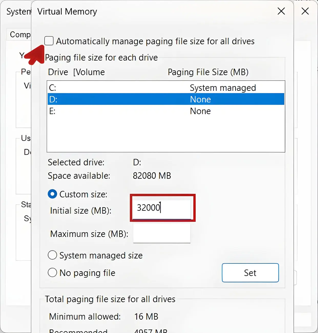 پنجره تنظیمات حافظه مجازی (Virtual Memory) در سیستم‌عامل ویندوز با مقدار تعیین شده