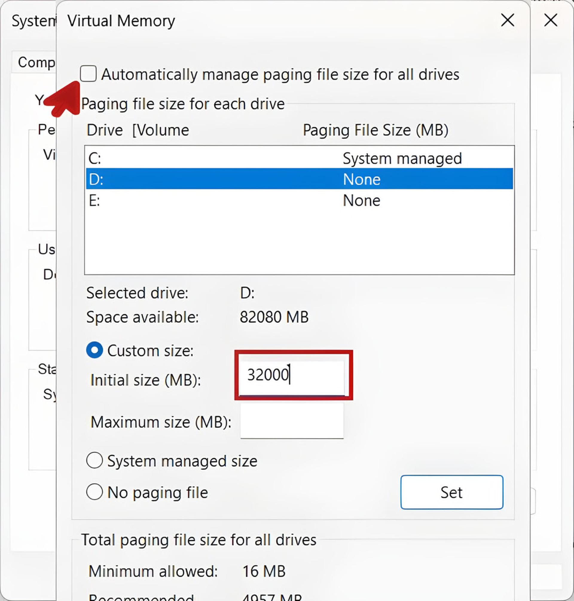 پنجره تنظیمات حافظه مجازی (Virtual Memory) در سیستمعامل ویندوز با مقدار تعیین شده