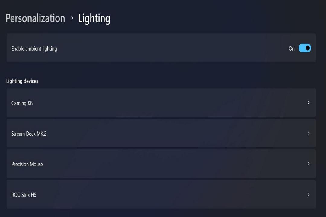 منوی تنظیمات RGB ویندوز ۱۱