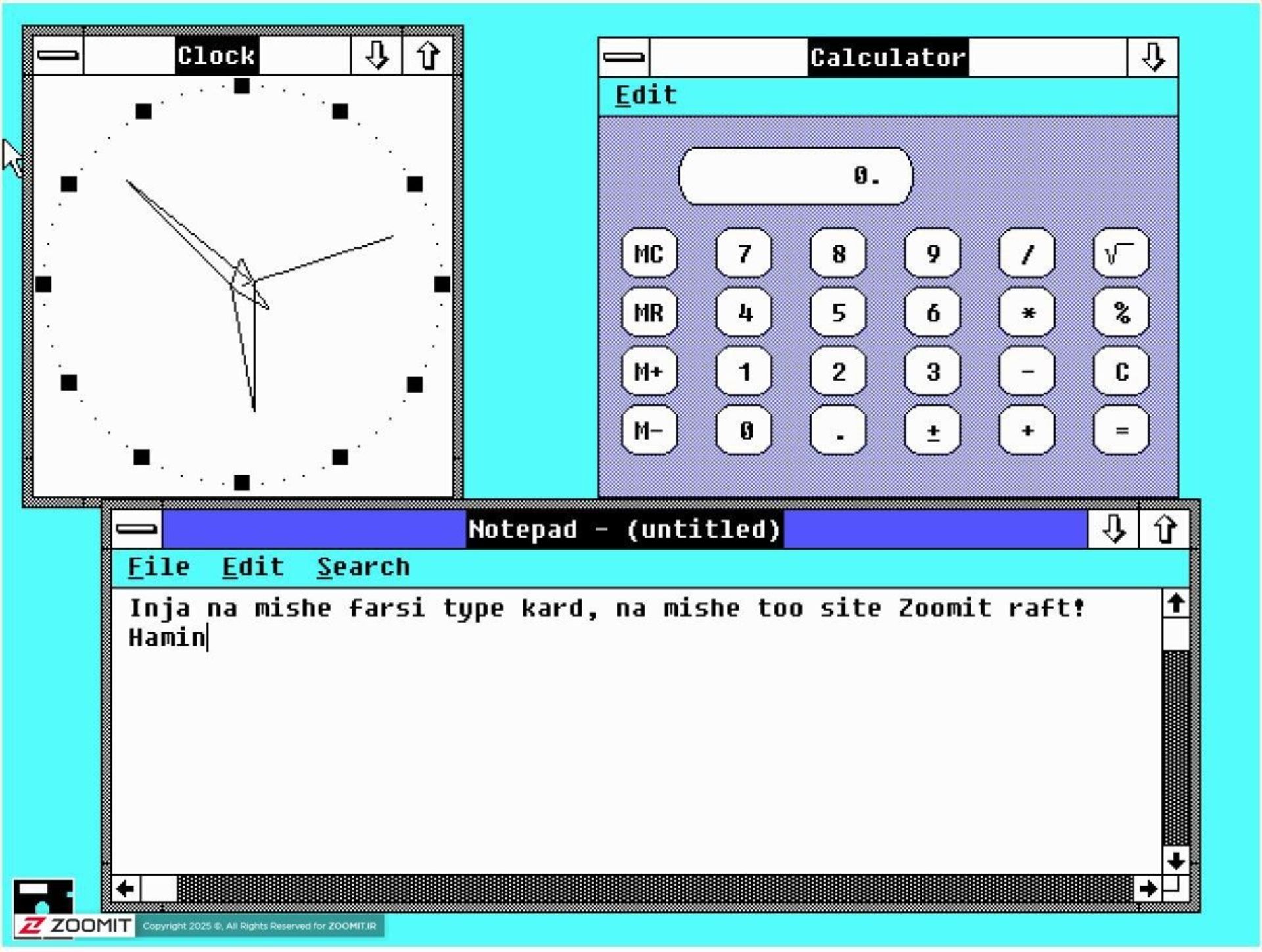 بخشی از نرم‌افزارهای ویندوز ۲ شامل Notepad با نوشتار فارسی