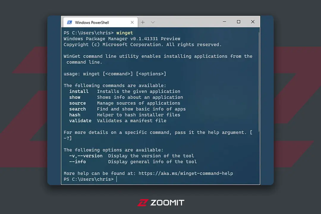 صفحه Powershell و تایپ دستور Winget