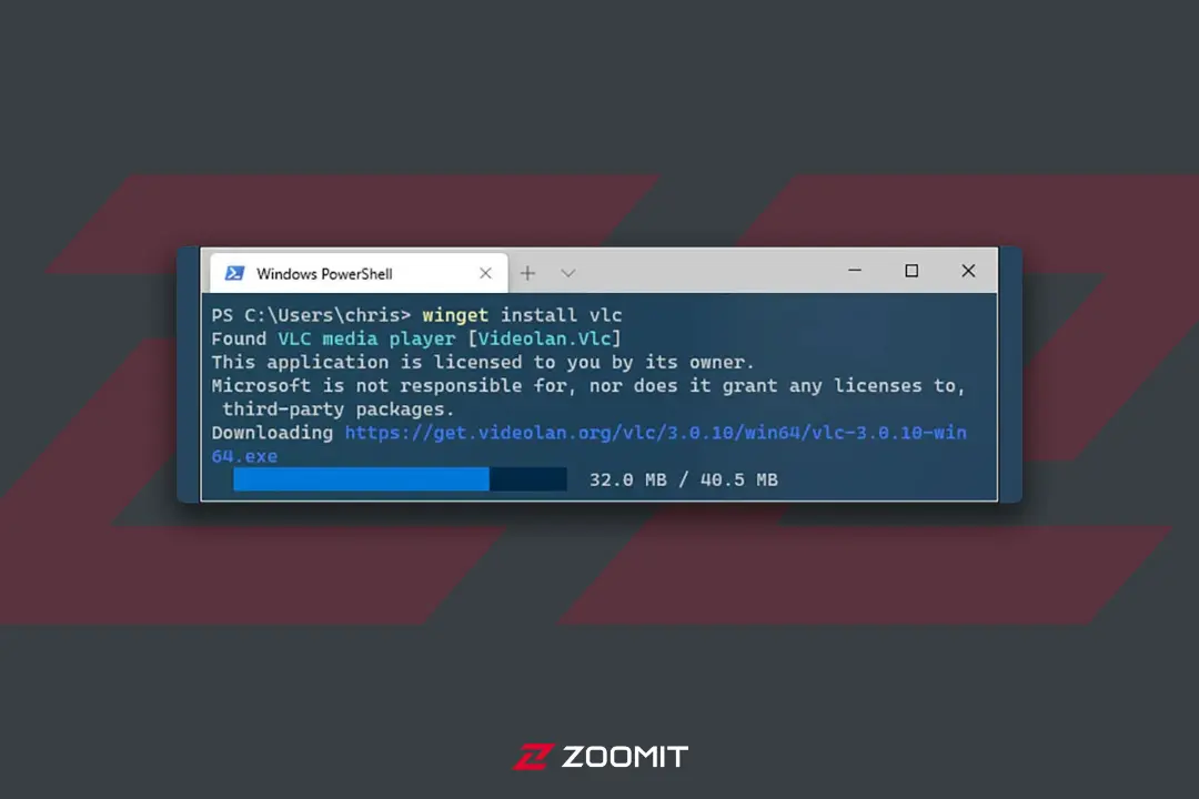 صفحه Powershell و تایپ دستور Winget install name