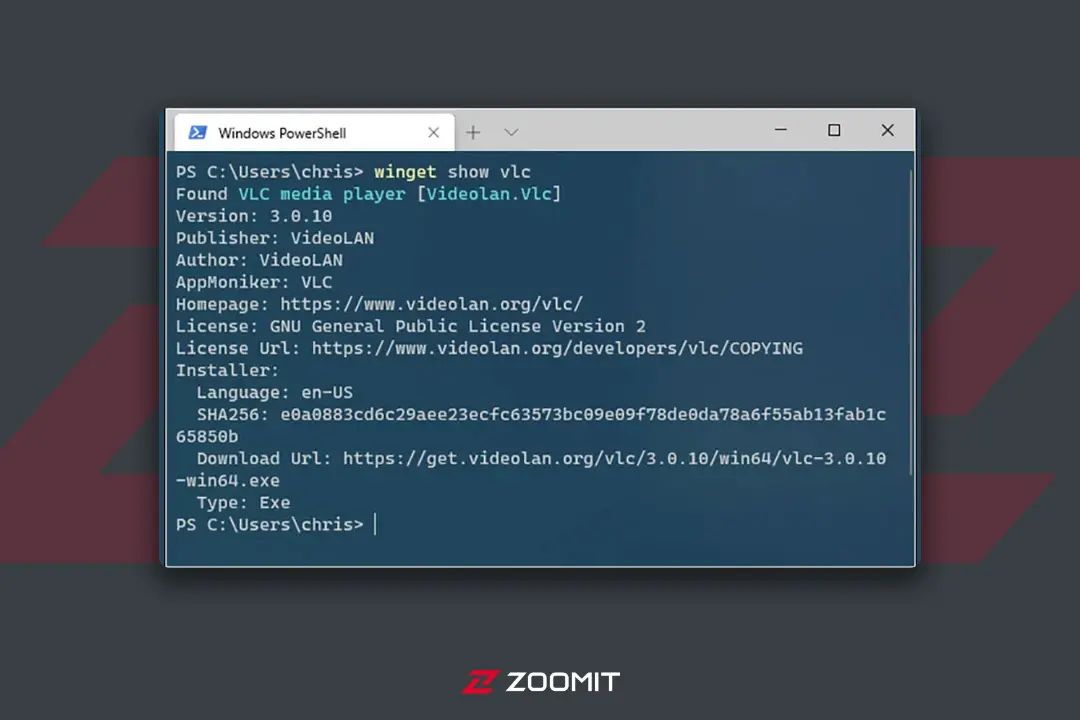 صفحه Powershell و تایپ دستور Winget show name
