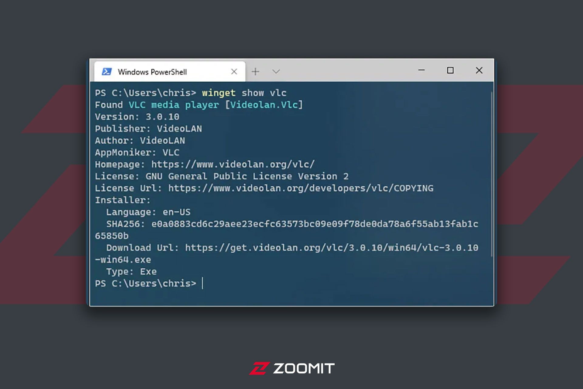 صفحه Powershell و تایپ دستور Winget show name