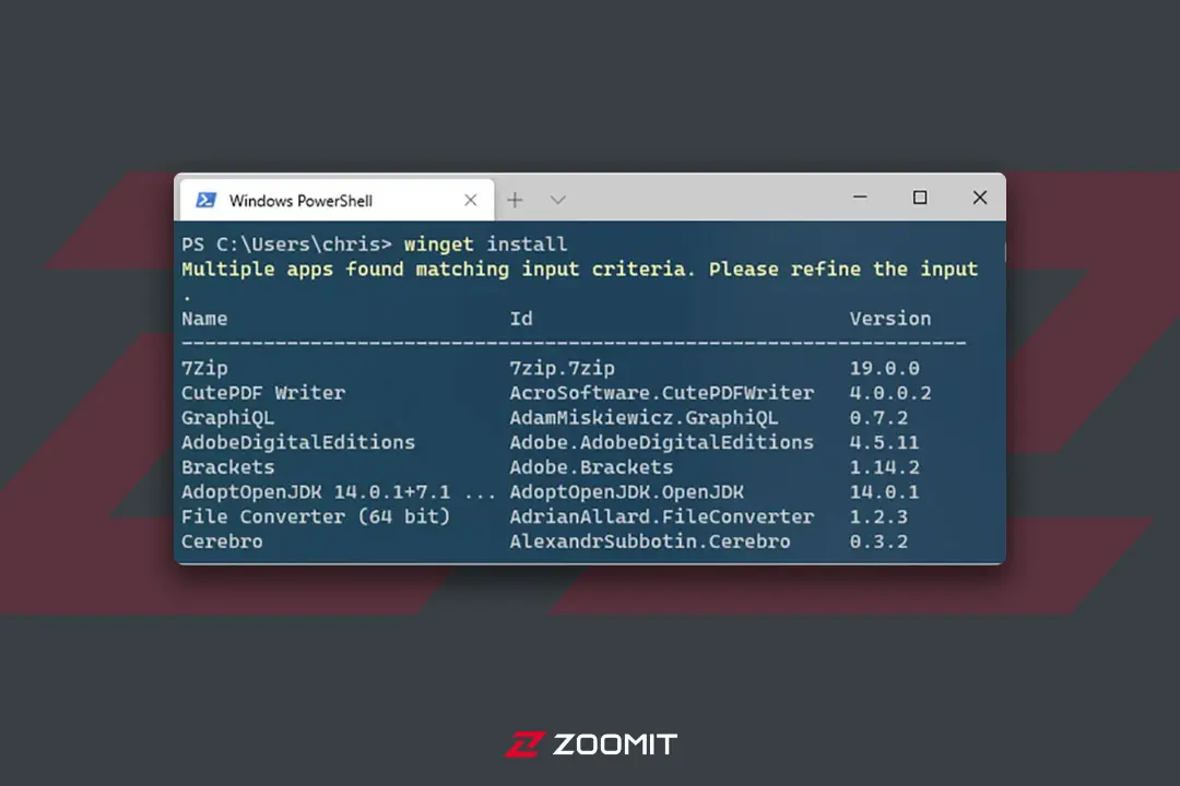 صفحه Powershell و تایپ دستور Winget install