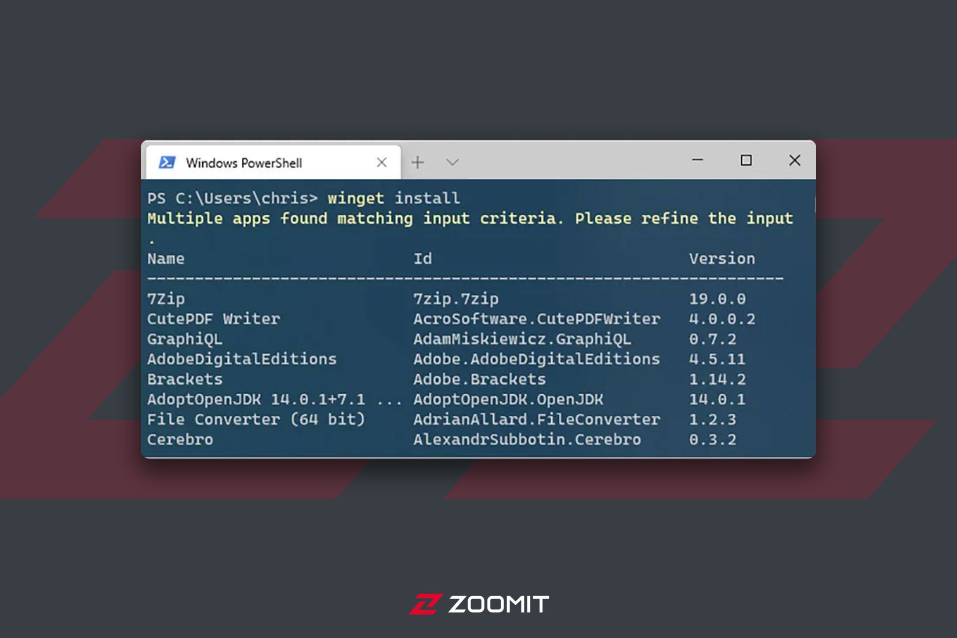 صفحه Powershell و تایپ دستور Winget install