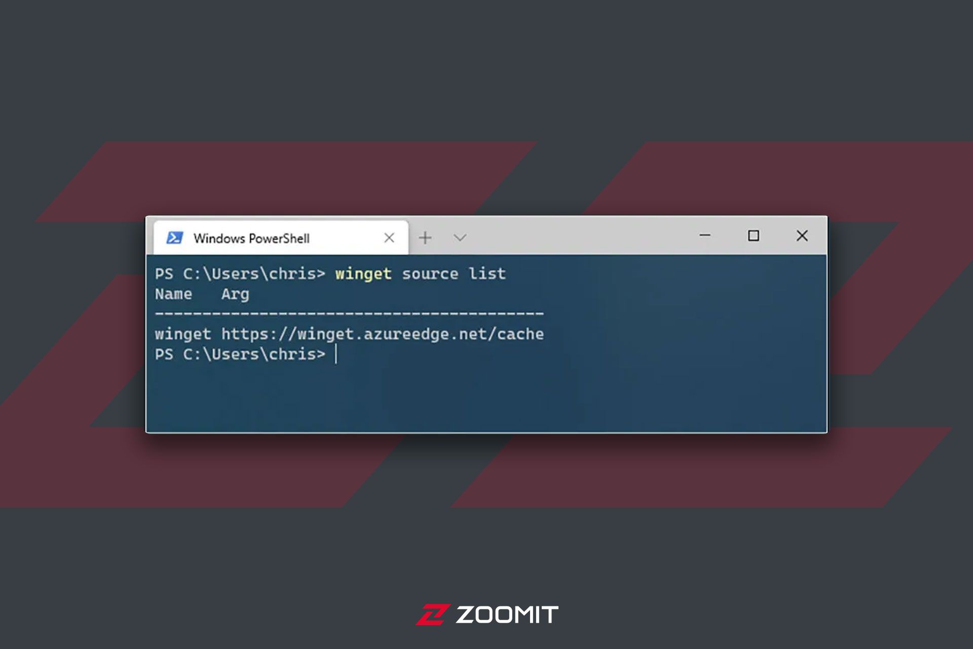 صفحه Powershell و تایپ دستور Winget search name