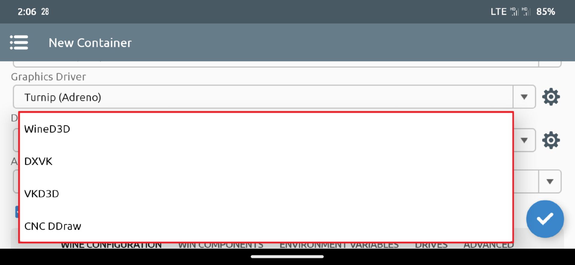 گزینه‌های قابل انتخاب برای DX Wrapper برای هر کانتینر وینلاتور