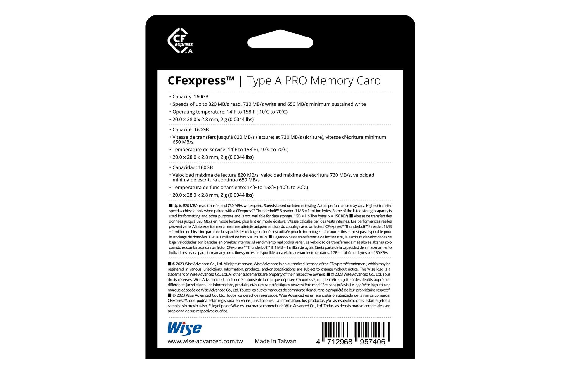 پشت پکیج کارت حافظه وایز Wise CFX-A160P CFexpress Type A 160GB
