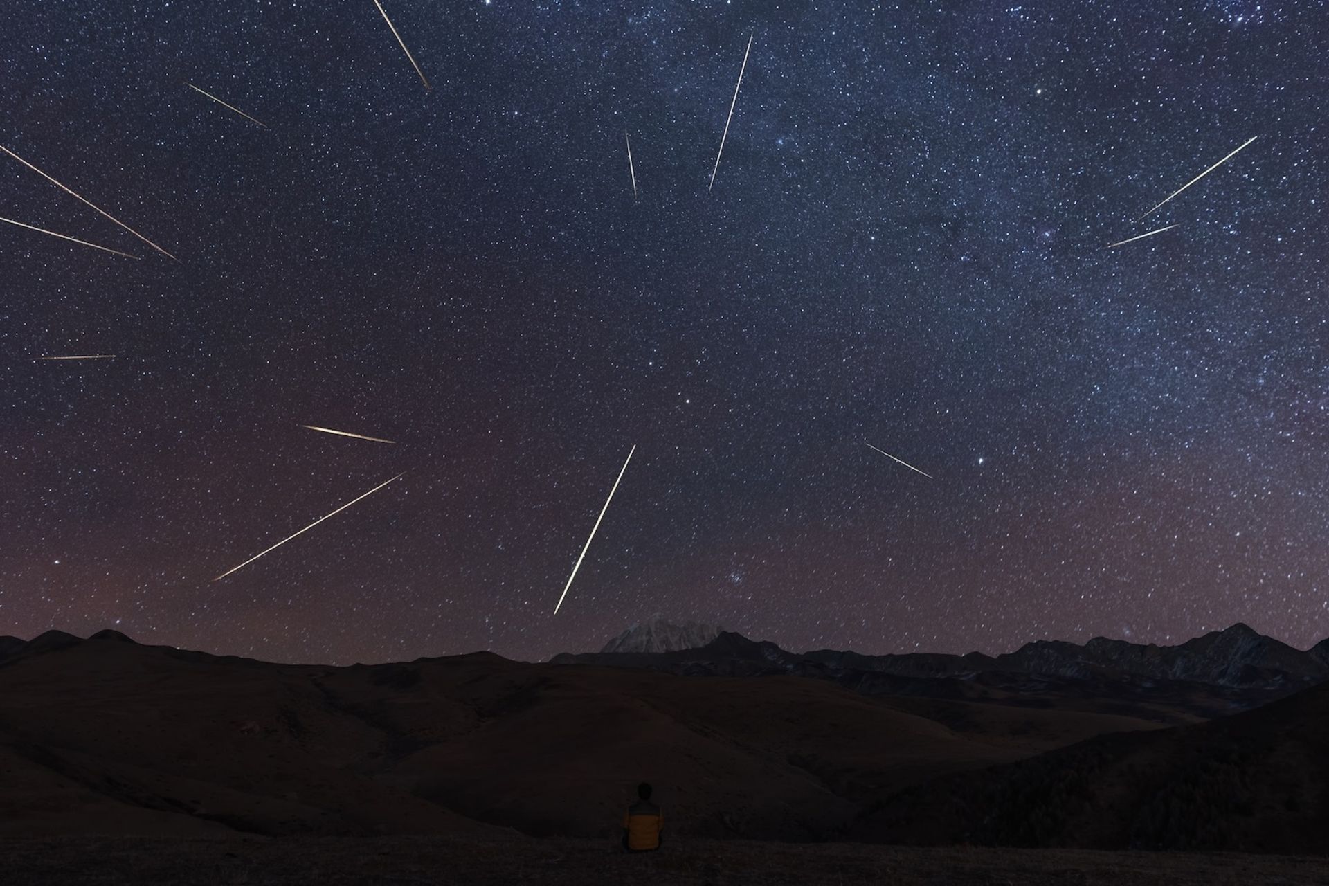 فردی درحال تماشای شهاب‌سنگ‌ها در آسمان شب