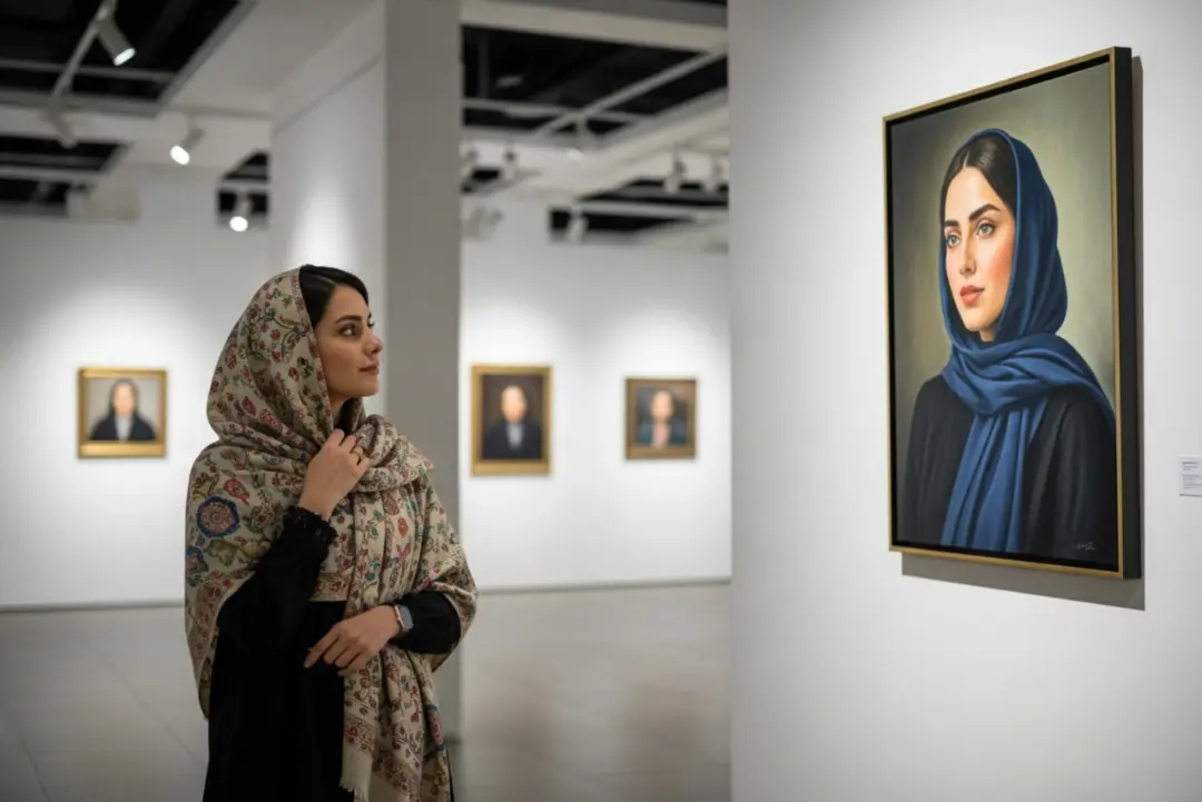 زن در گالری هنری به نقاشی پرتره خود نگاه می‌کند