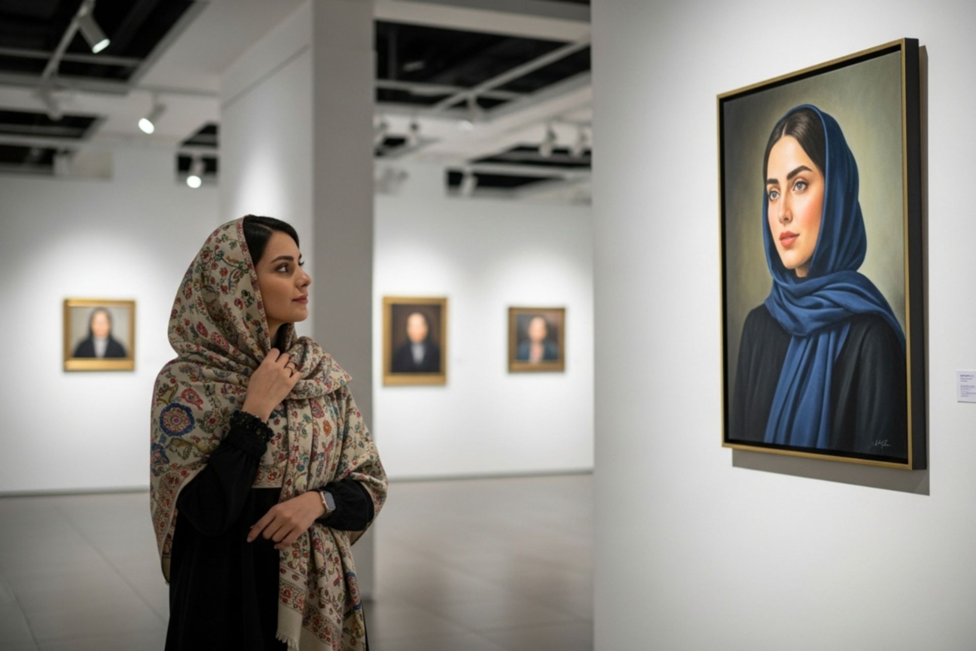 زن در گالری هنری به نقاشی پرتره خود نگاه می‌کند