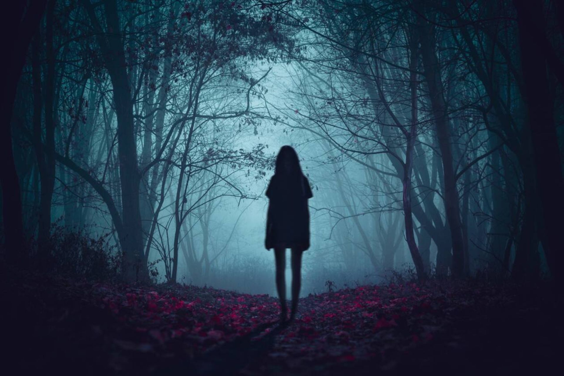 زنی ایستاده در میان جنگل