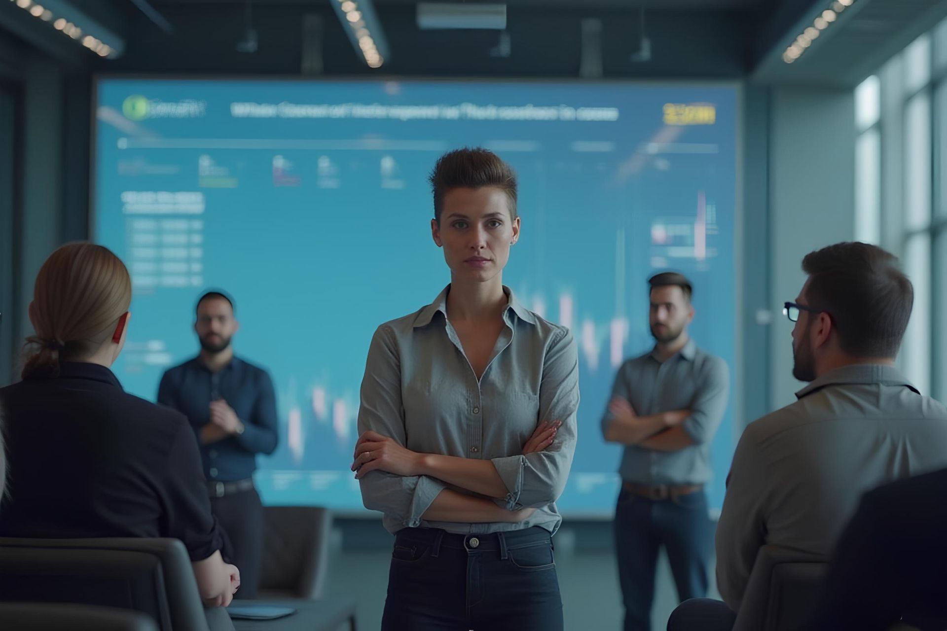 زن جوان در یک اتاق کار کنار کارمندان در مرکز سالن