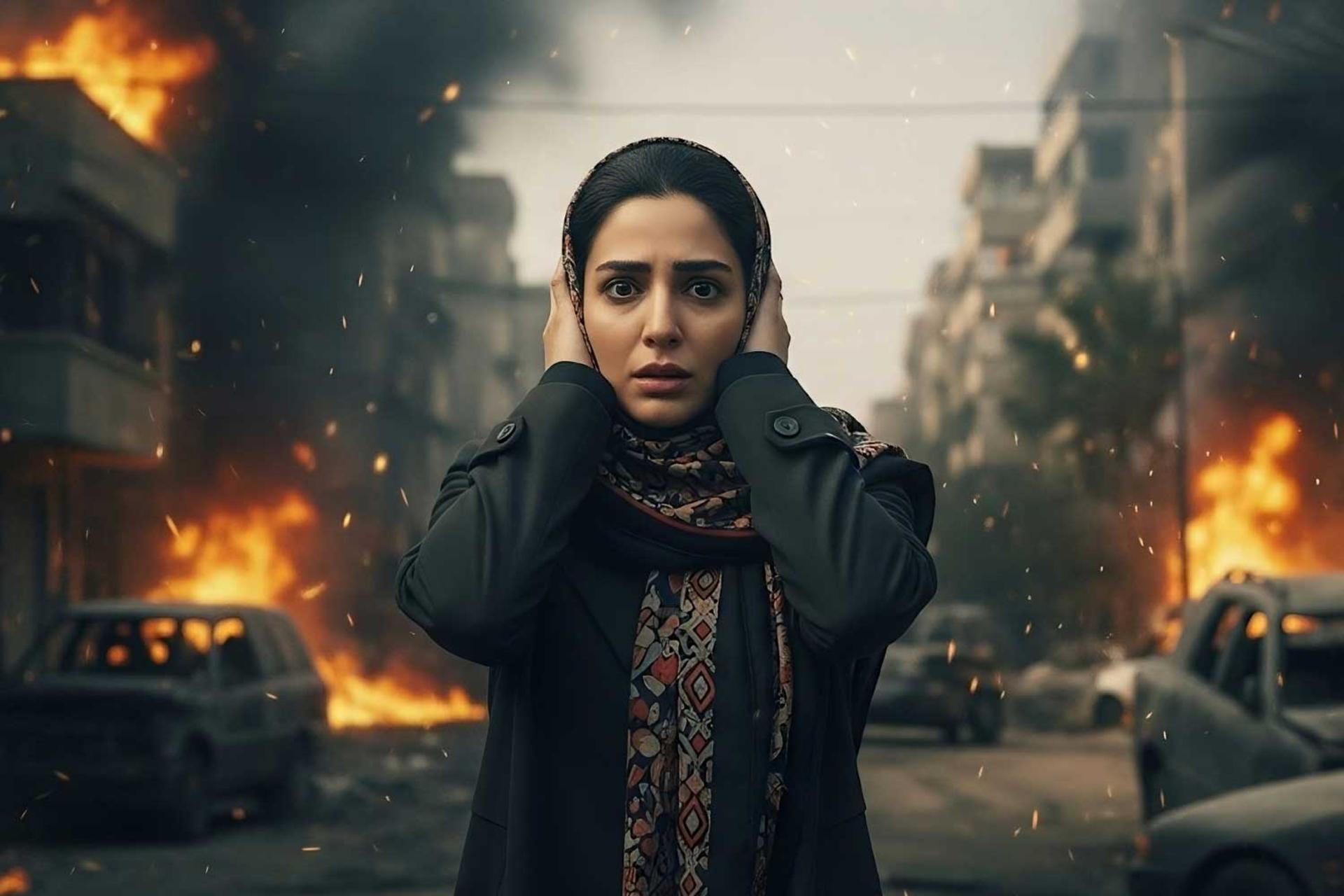 زن جوان دستانش را گوش‌هایش گذاشته و در پس‌زمینه وضعیت جنگی برقرار است
