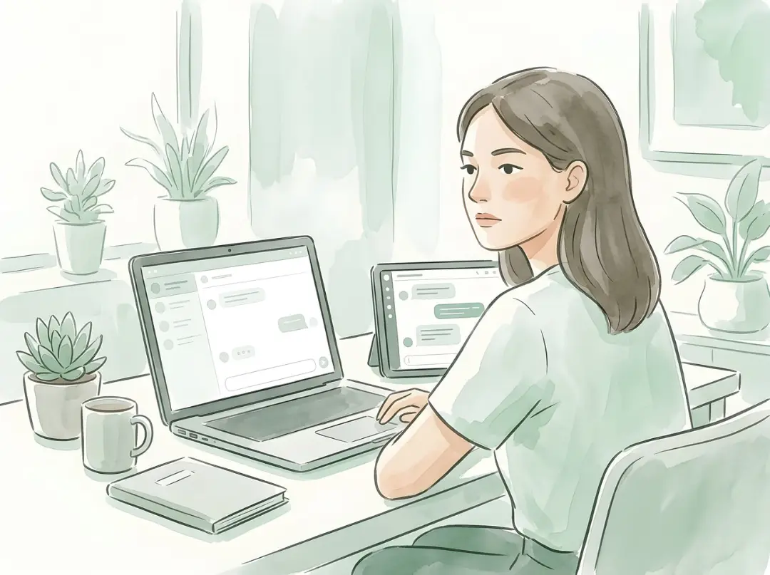 زن در حال کار با رابط کاربری چت‌بات در لپ‌تاپ و تبلت
