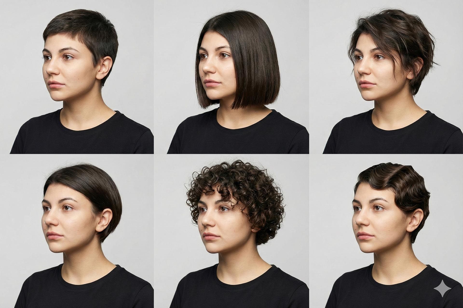 یک جدول ۲ در ۳ شامل پرتره‌ی یک زن با مدل‌های مو متفاوت