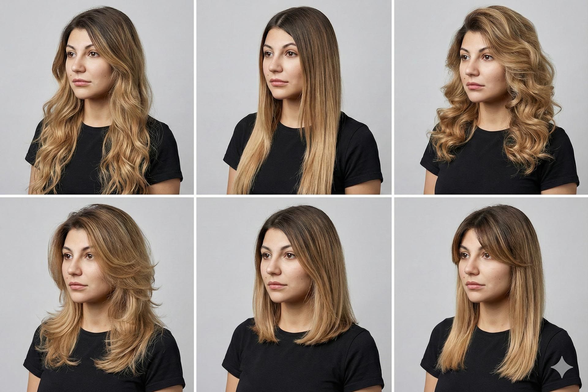 یک جدول ۲ در ۳ شامل پرتره‌ی یک زن با مدل‌های مو متفاوت