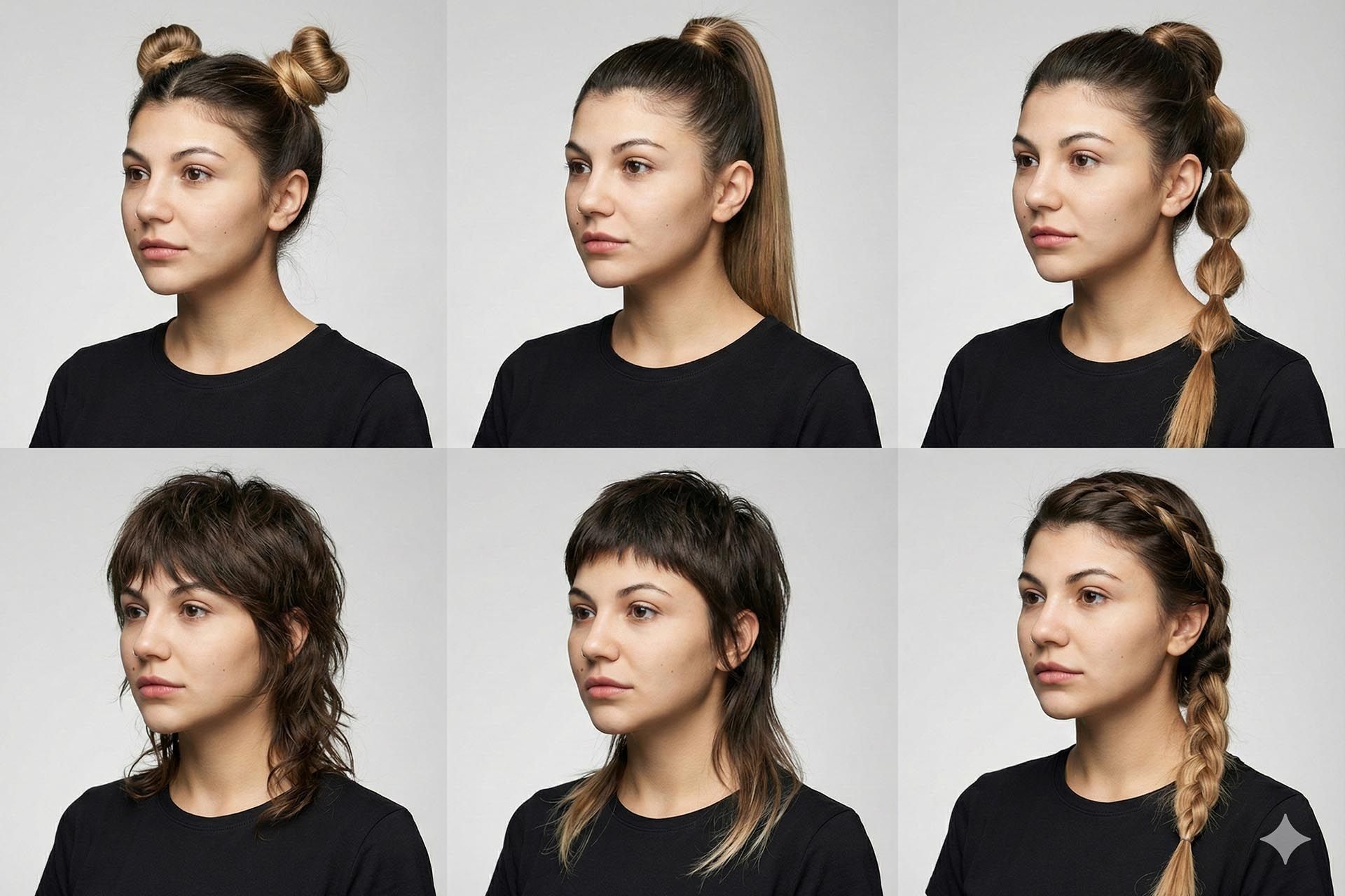 یک جدول ۲ در ۳ شامل پرتره‌ی یک زن با مدل‌های مو متفاوت