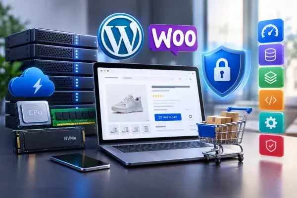 نمای زیرساخت سرور و تجهیزات سخت‌افزاری برای مدیریت سایت‌های وردپرس و ووکامرس (WooCommerce)
