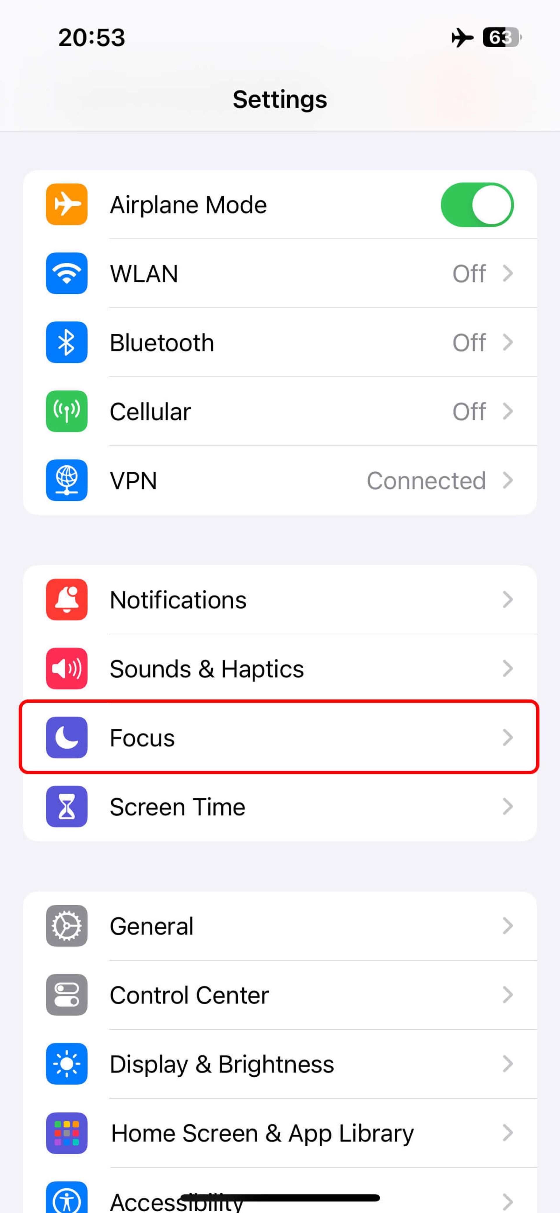 صفحه تنظیمات (Settings) گوشی آیفون