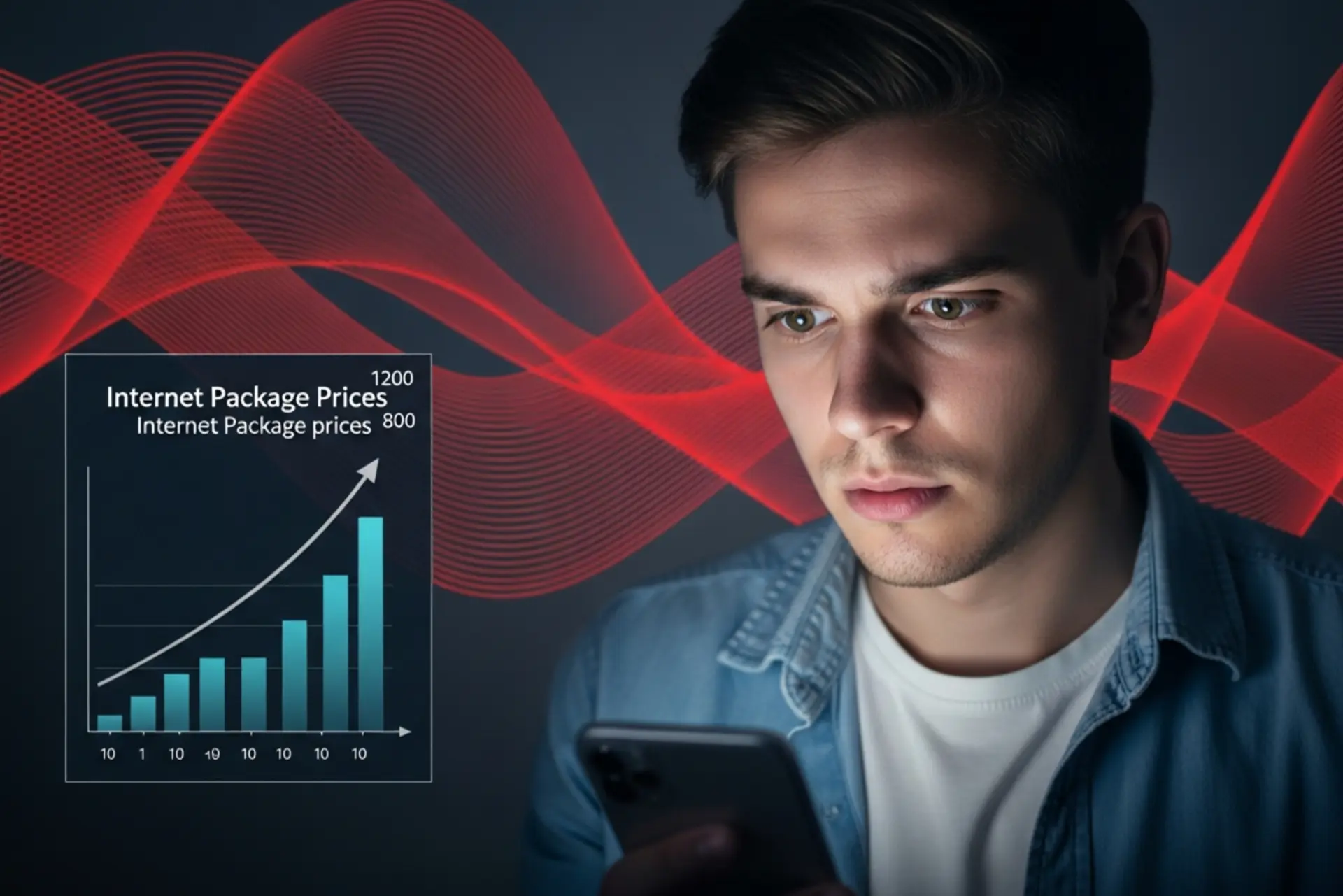مرد نگران و نمودار صعودی قیمت اینترنت روی موبایل