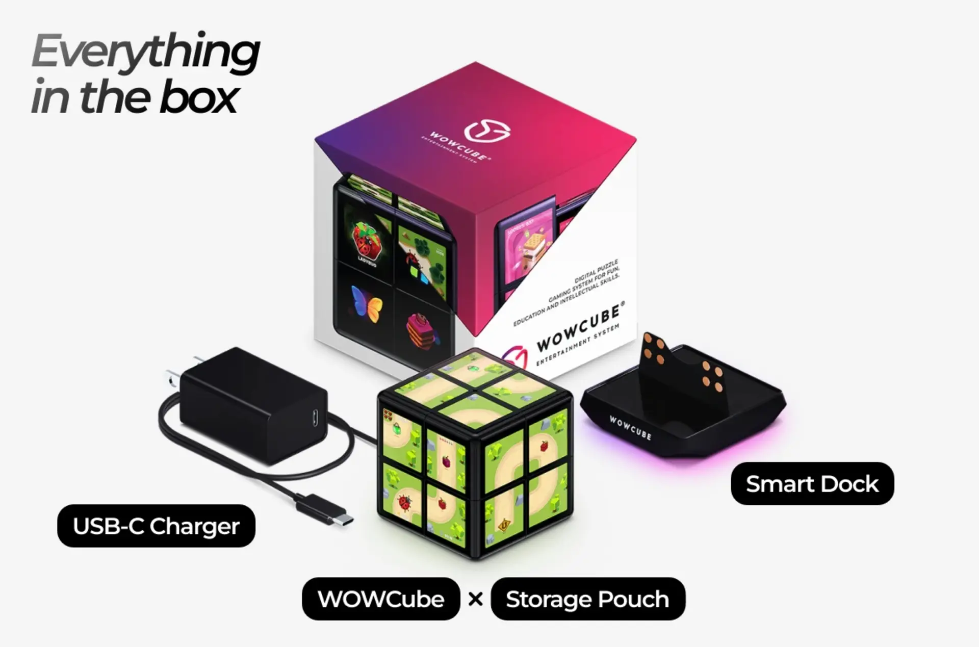 مجموعه بازی دیجیتال WOWCube شامل مکعب هوشمند، داک شارژ و کابل USB-C
