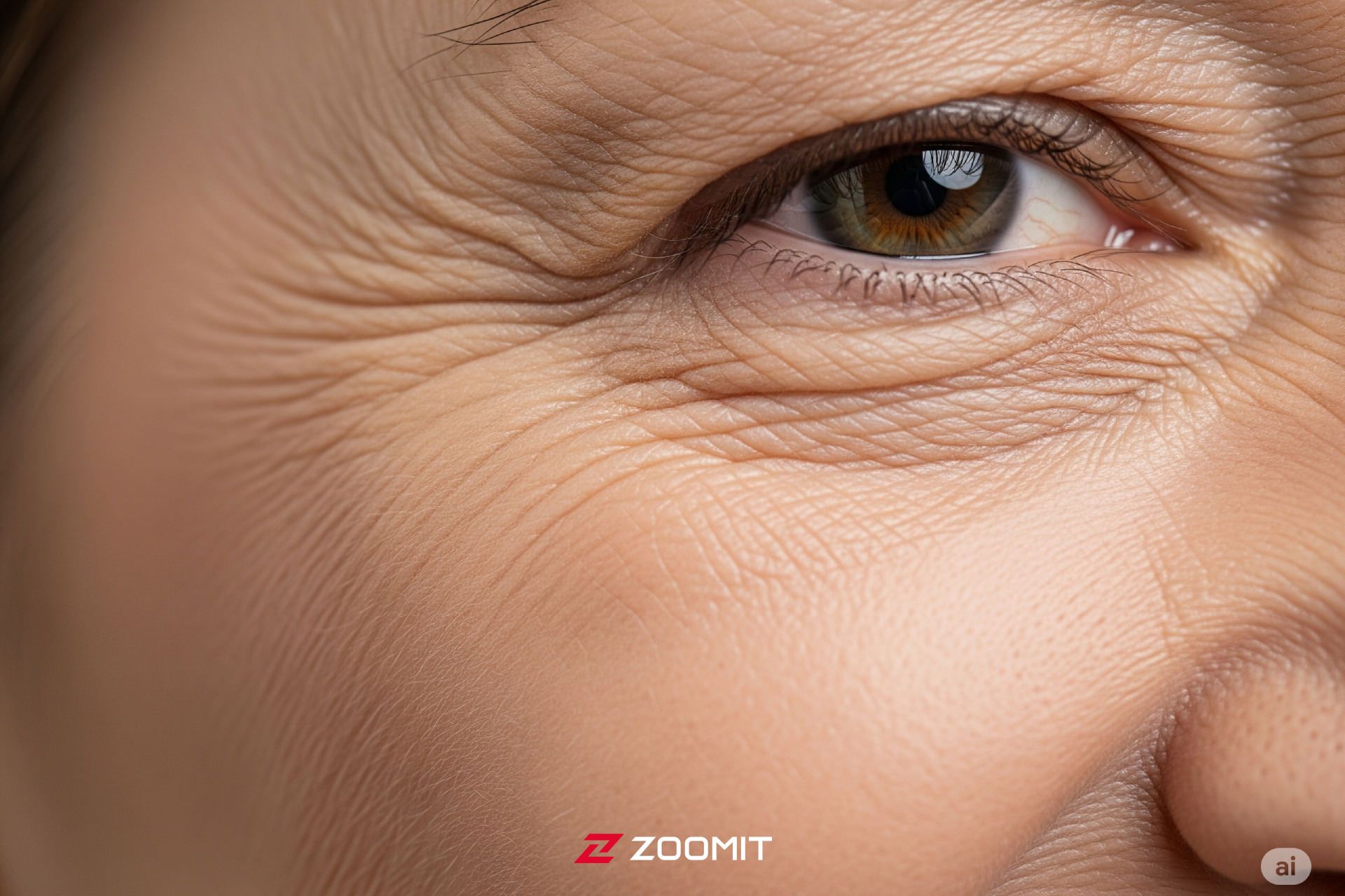 پوست چین‌خورده کنار چشم در هنگام خنده، نمای نزدیک و دقیق