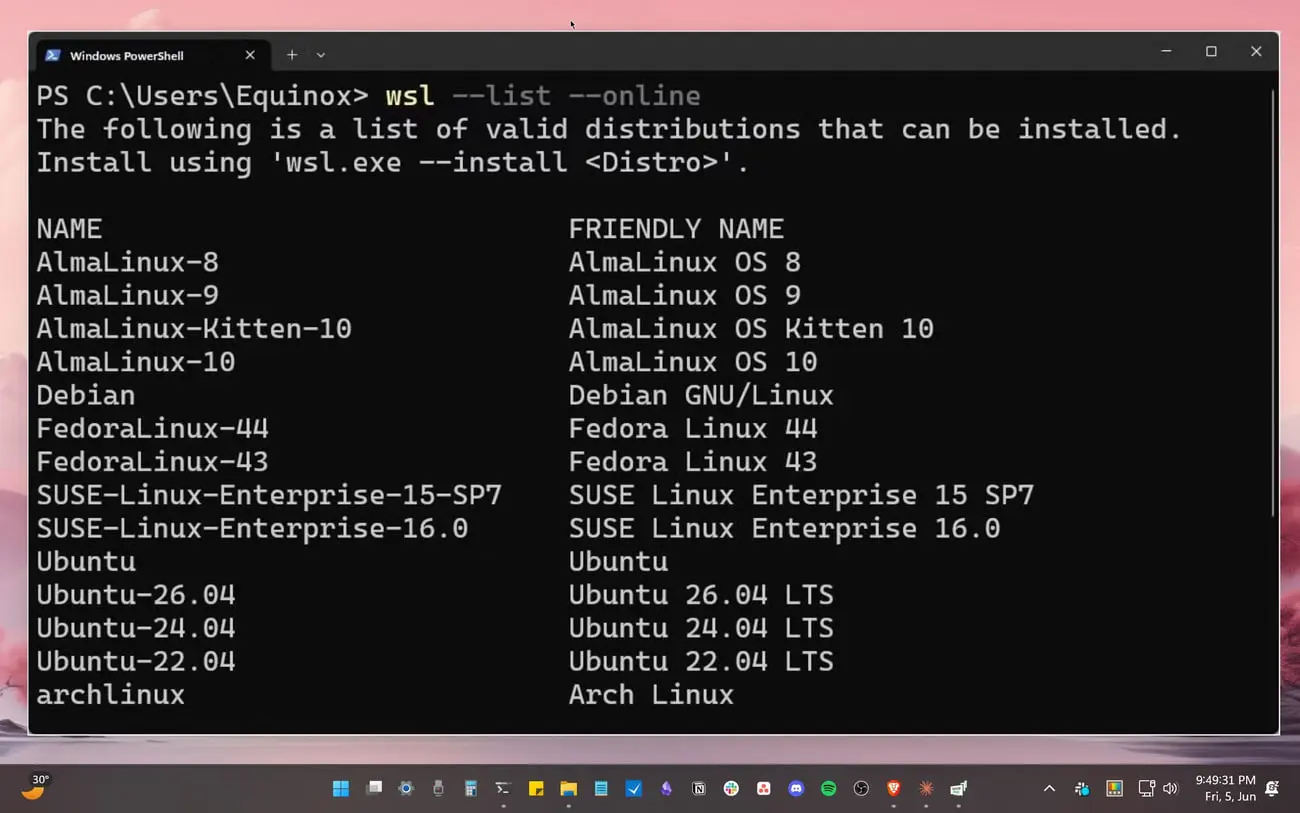 فهرست توزیع‌های مختلف لینوکس در محیط ترمینال ویندوز پاورشل (Windows PowerShell)