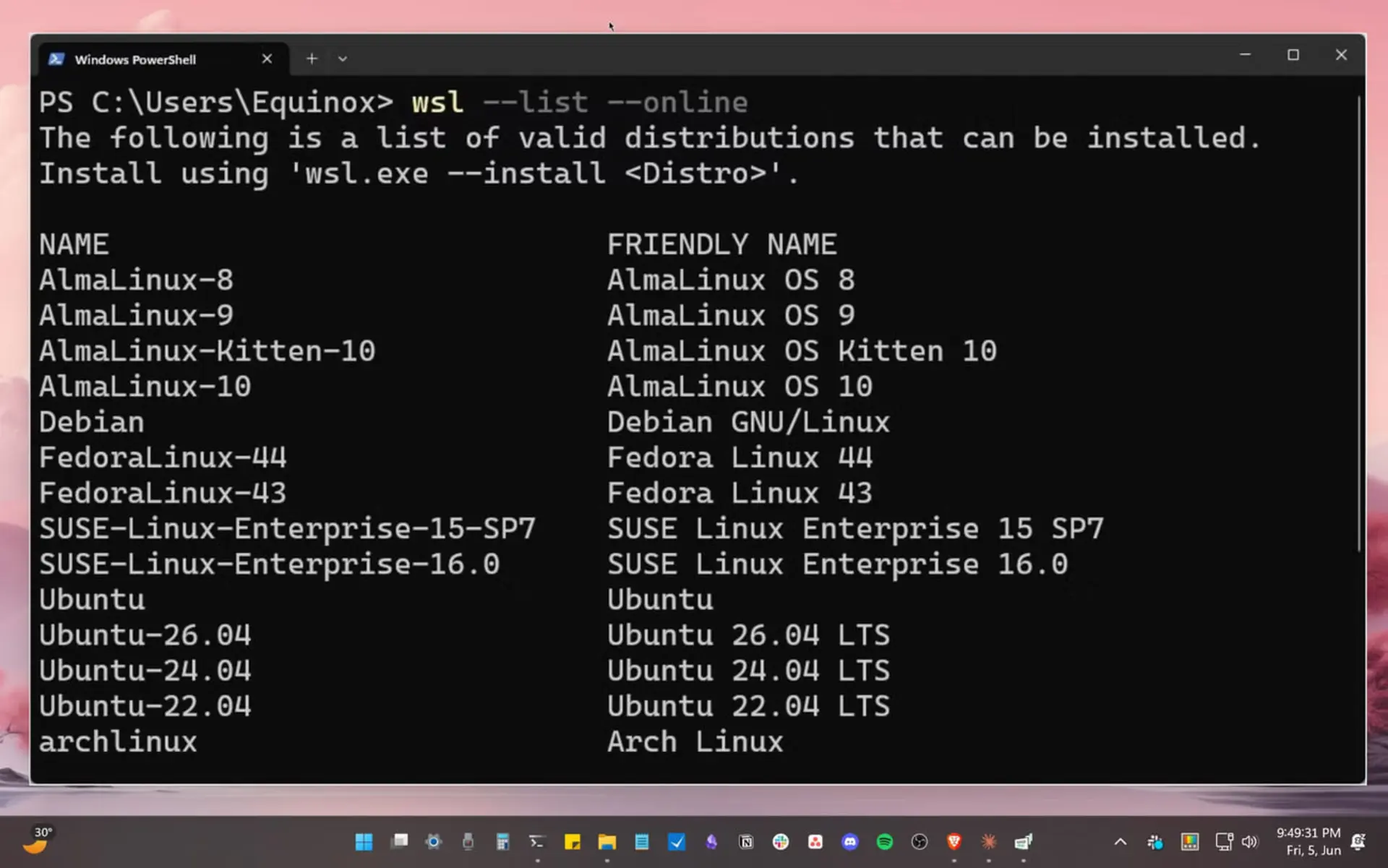 فهرست توزیعهای مختلف لینوکس در محیط ترمینال ویندوز پاورشل (Windows PowerShell)