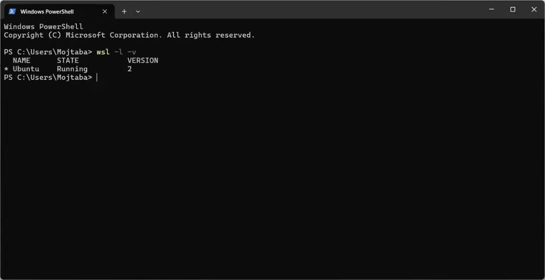 نمایش وضعیت توزیع اوبونتو (Ubuntu) در محیط ویندوز پاورشل (Windows PowerShell)