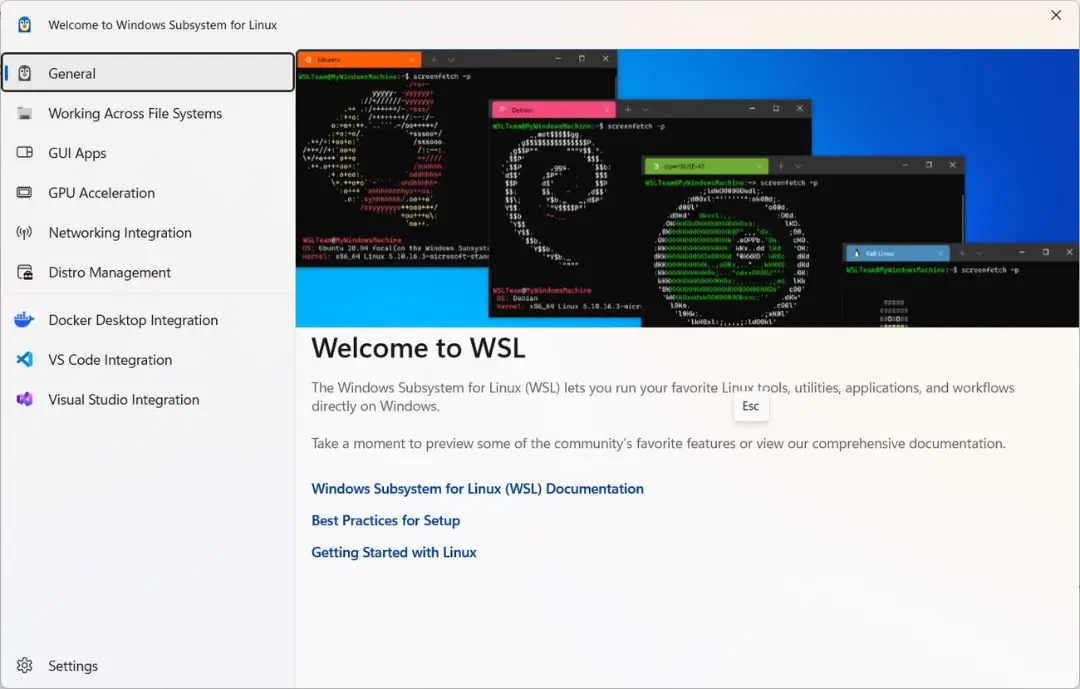 پنل تنظیمات Windows Subsystem for Linux (WSL) و محیط ترمینال لینوکس