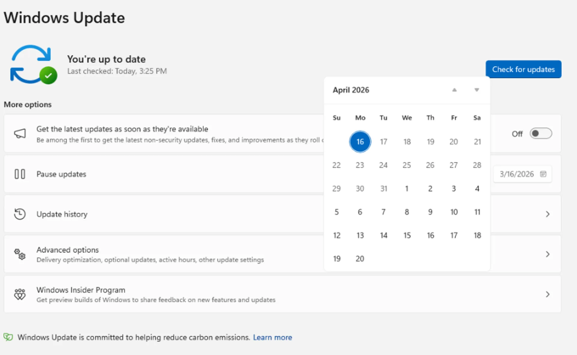 تقویم در بخش آپدیت‌های ویندوز برای به تعویق‌انداختن آپدیت‌ها
