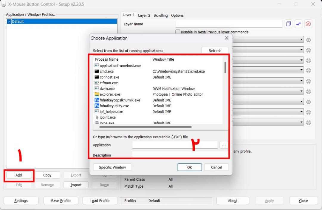 افزودن برنامه جدید به X-mouse button control