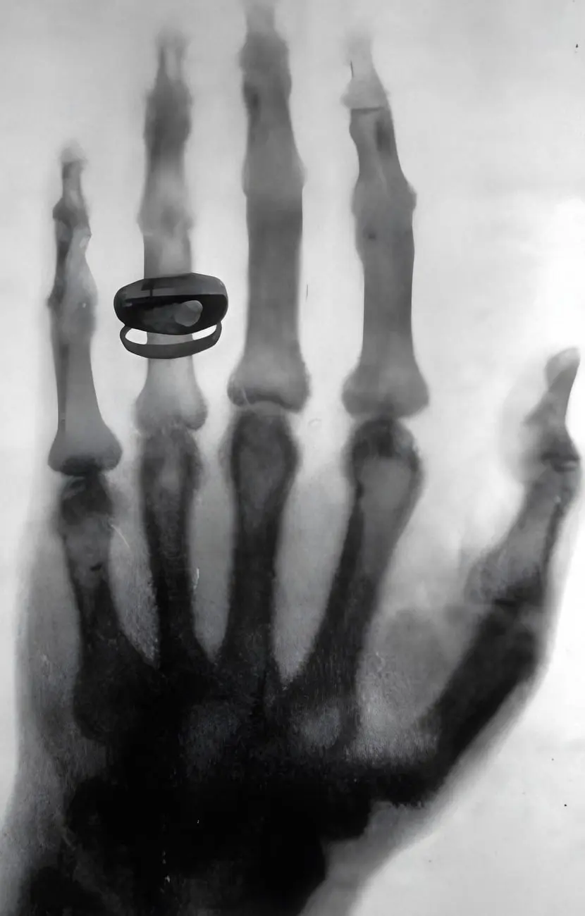 اشعه ایکس (X-ray) از یک انگشتر قرار گرفته روی انگشت دست
