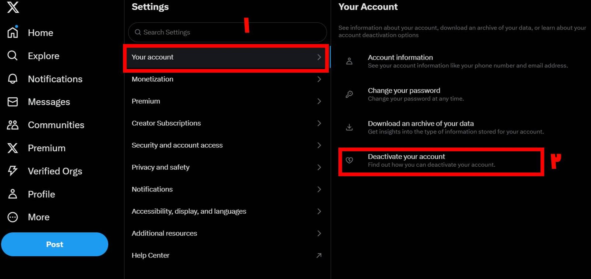 تنظیمات اکانت ایکس / توییتر بخش Deactive Account