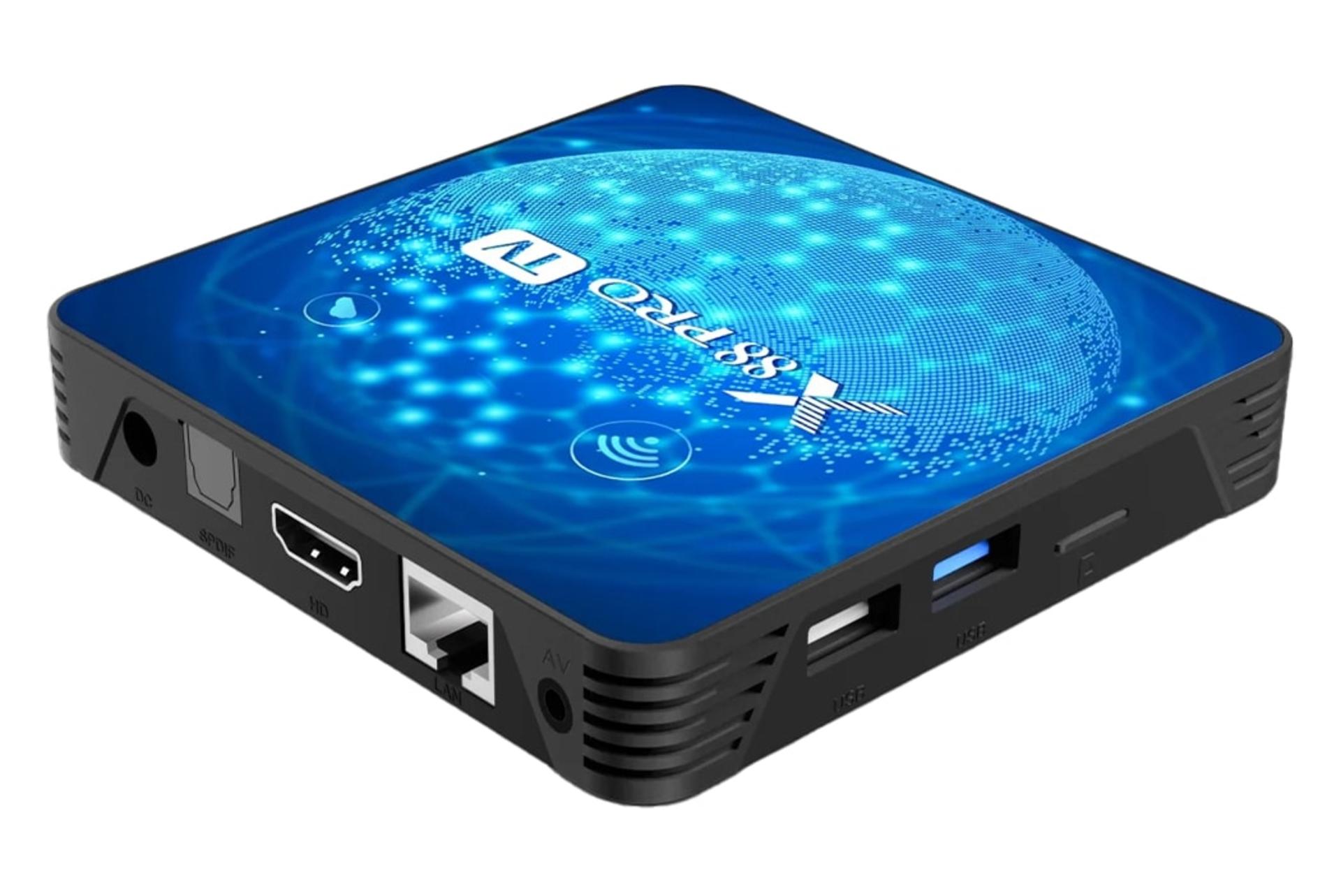 نمای نیمرخ اندروید باکس ایکس 88 PRO TV با نمایش درگاه‌های لبه کناری و پشت