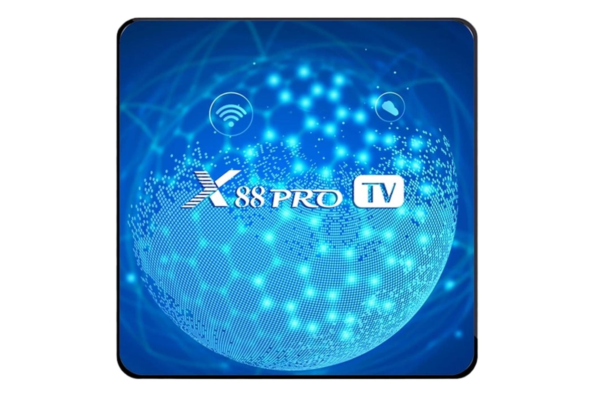 نمای پنل بالای اندروید باکس ایکس 88 PRO TV با نمایش لوگو