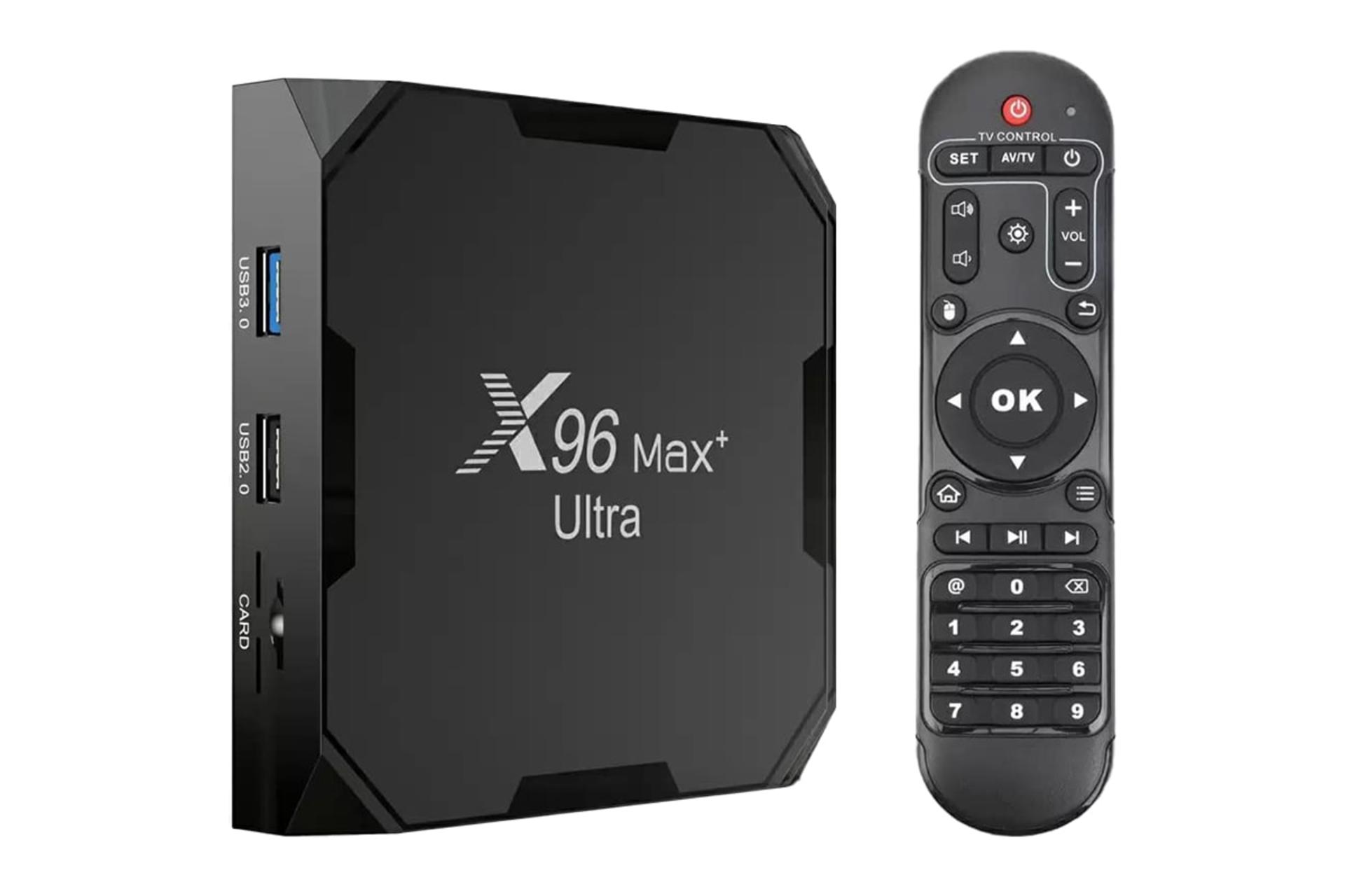 نمای کلی اندروید باکس ایکس 96 Max+ Ultra با نمایش درگاه های پنل کناری و ریموت کنترل