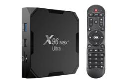نمای کلی اندروید باکس ایکس 96 Max+ Ultra با نمایش درگاه های پنل کناری و ریموت کنترل