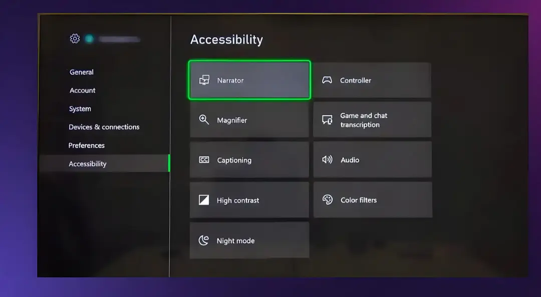 منوی تنظیمات دسترسی (Accessibility) در کنسول بازی با گزینه انتخاب شده Narrator