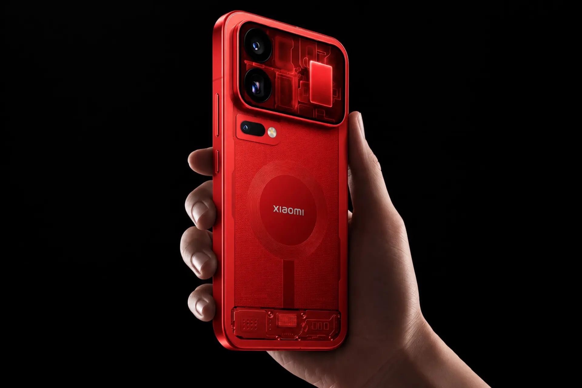گوشی قرمز شیائومی (Xiaomi) ۱۸ پرو مکس با پنل پشتی شفاف و طراحی صنعتی