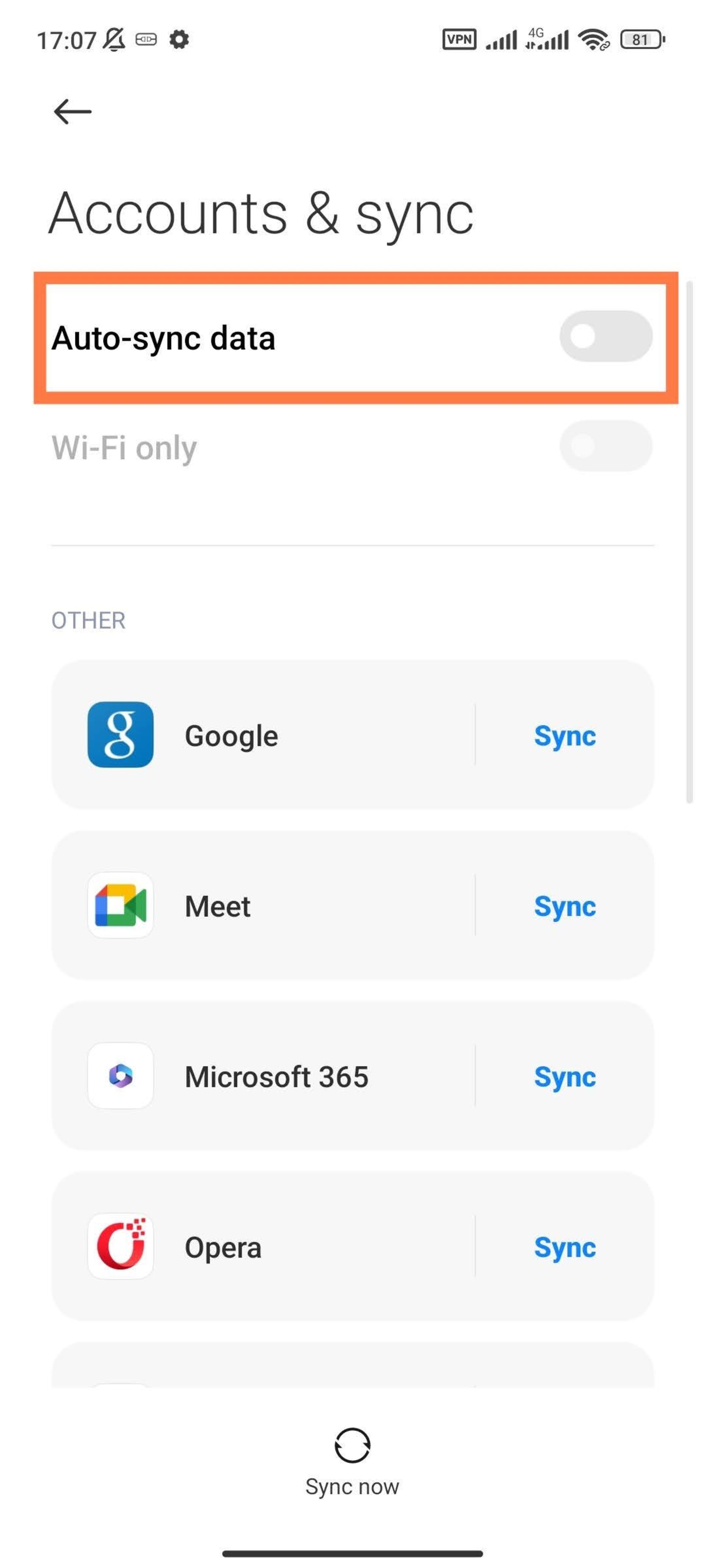 Disable auto sync on Xiaomi phone