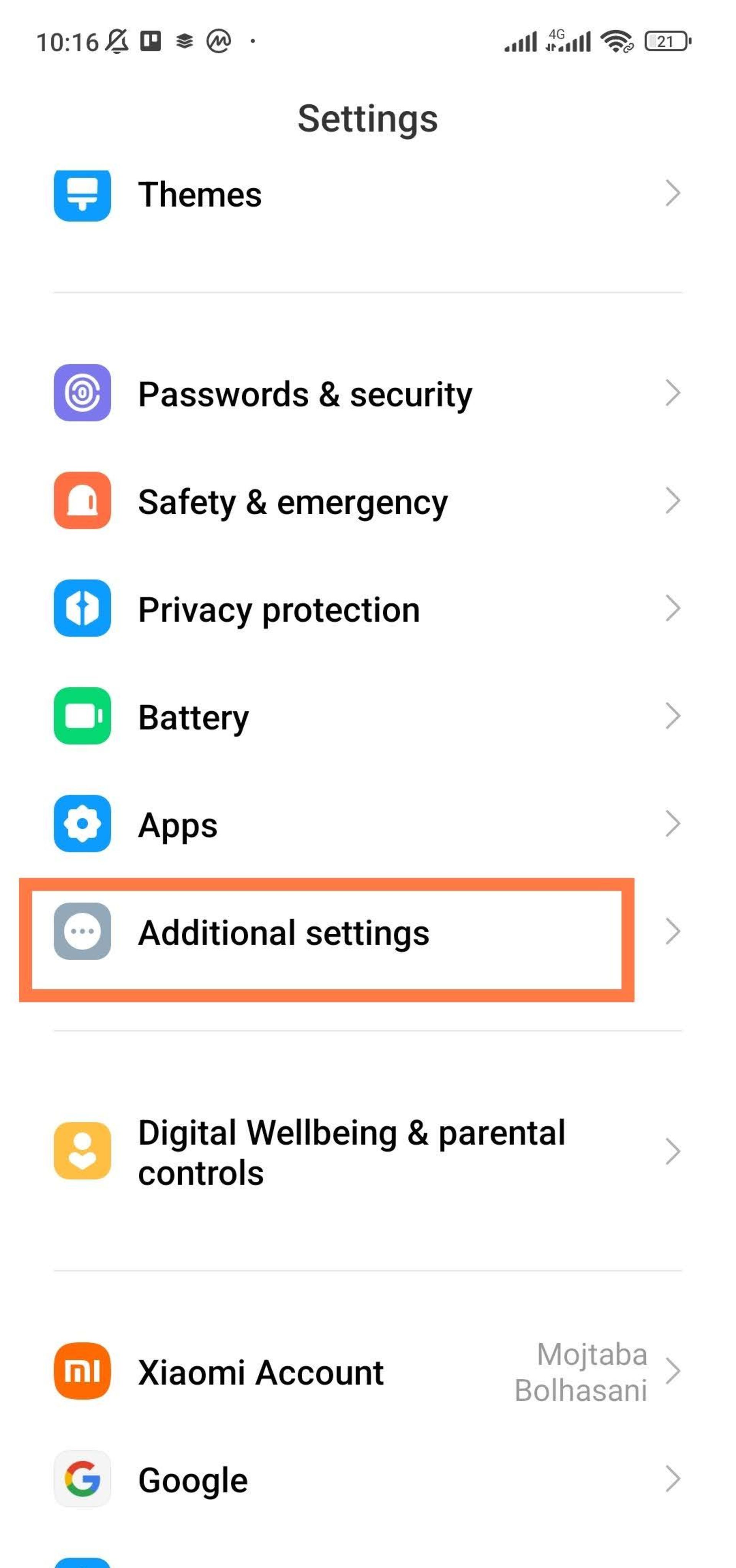 Xiaomi phone settings, Additional settings option