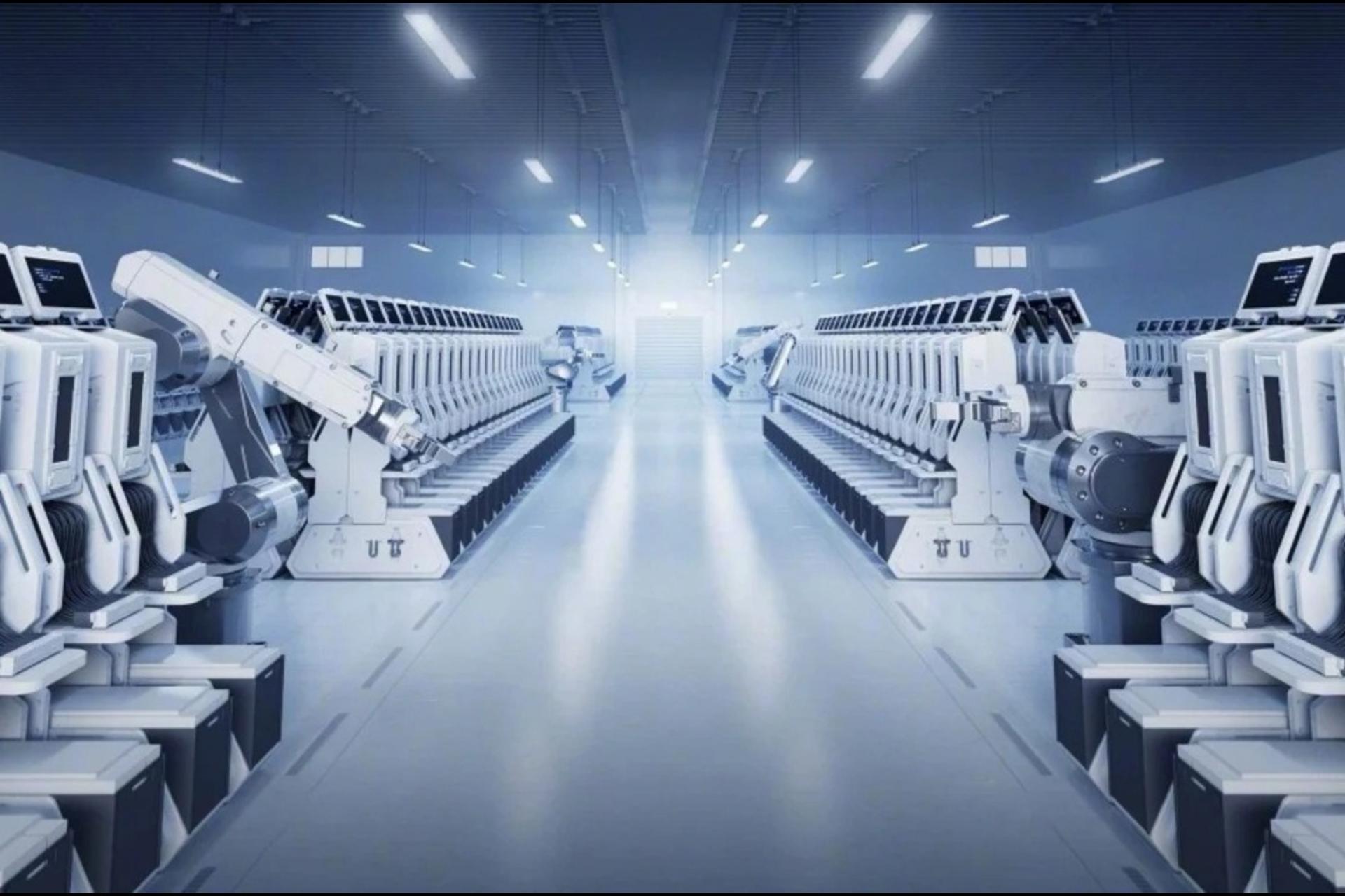 نمایی آینده‌نگرانه از داخل کارخانه شیائومی که در آن ربات‌های تولیدی با بازوهای بزرگ خود در طرفین کارخانه به خط شده‌اند