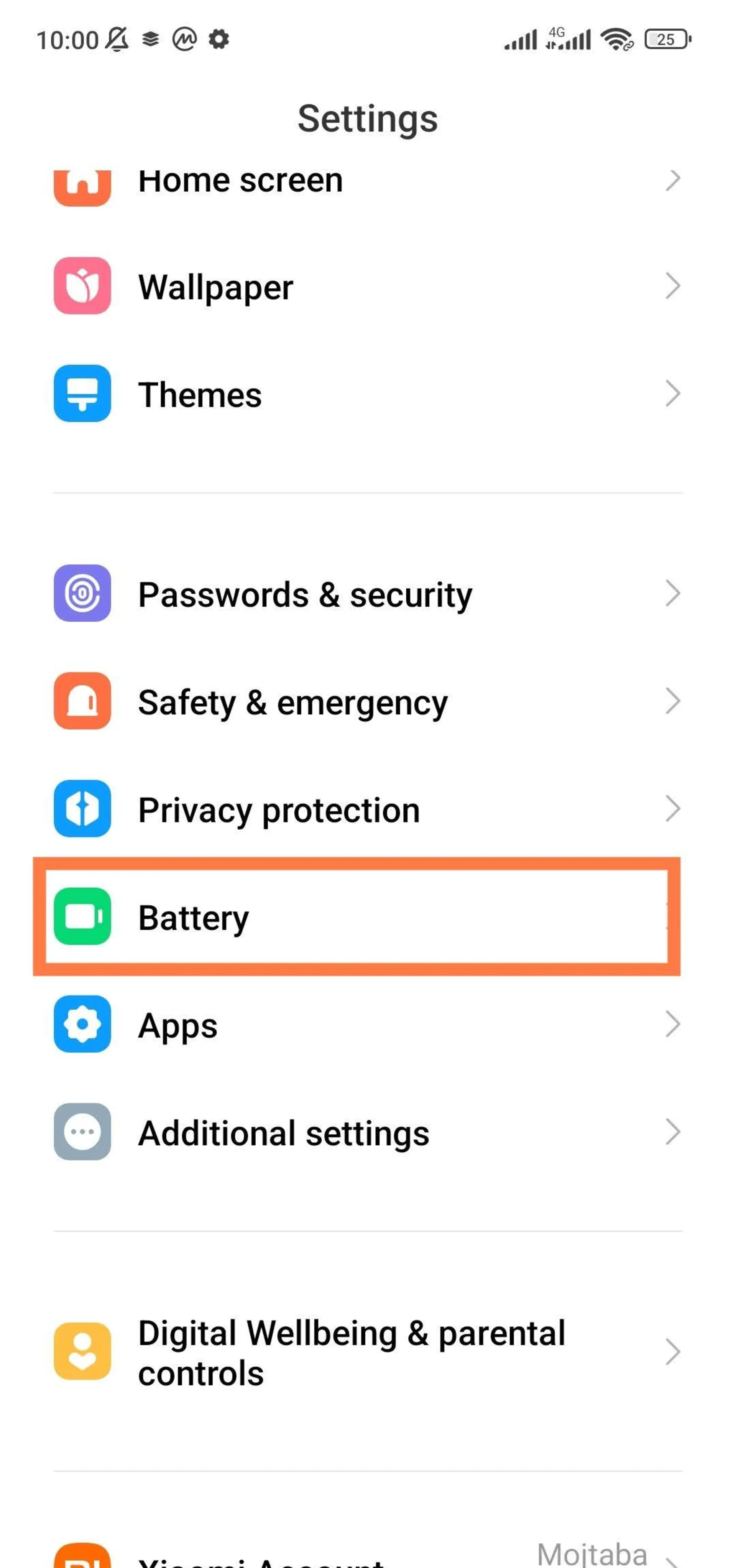 صفحه تنظیمات گوشی شیائومی و گزینه Battery
