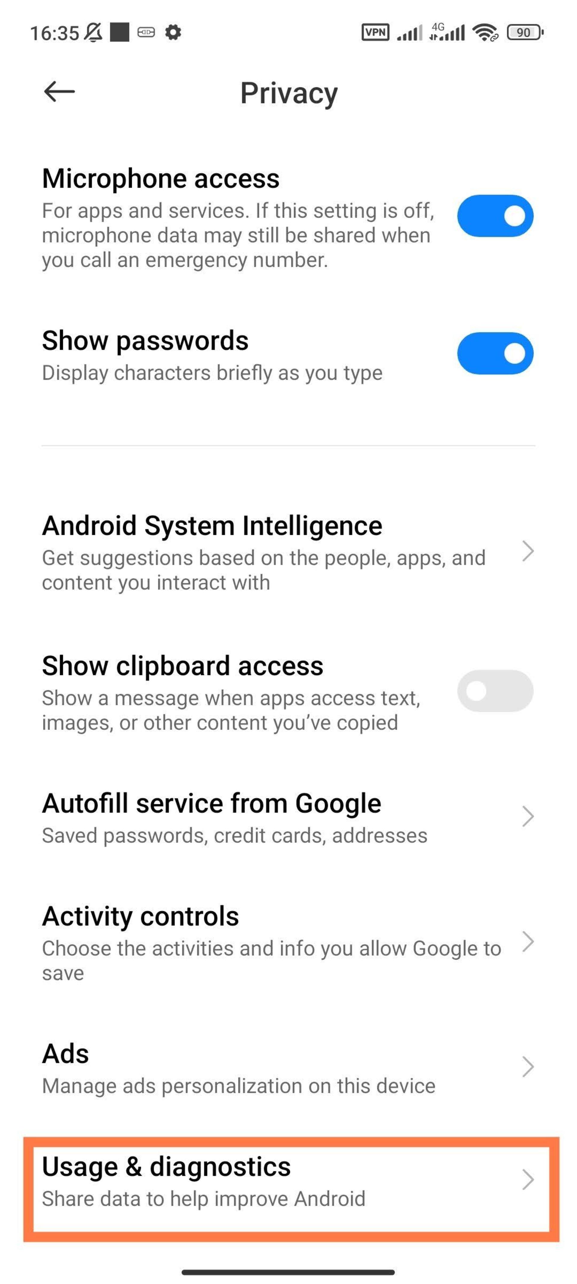 گزینه‌ی privacy گوشی شیائومی