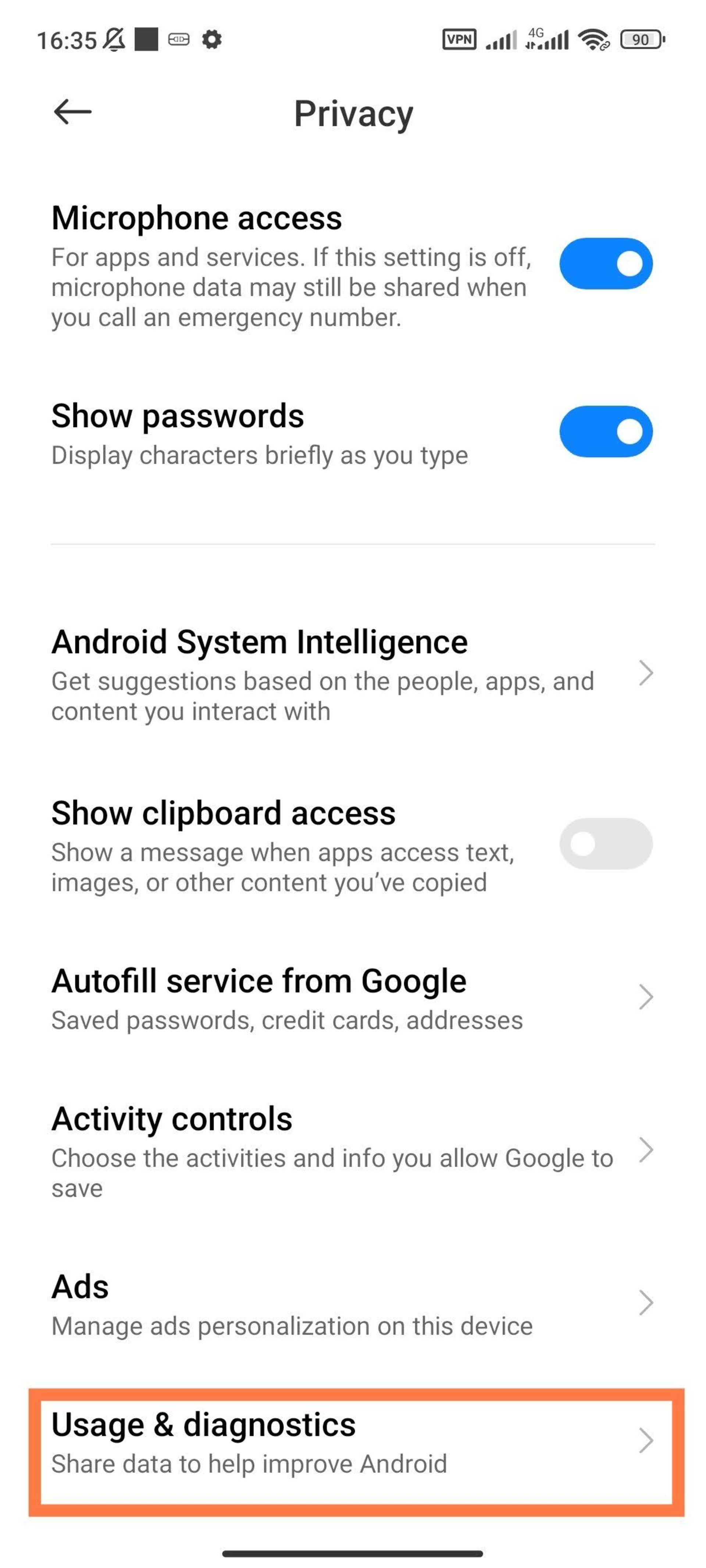 گزینه‌ی privacy گوشی شیائومی