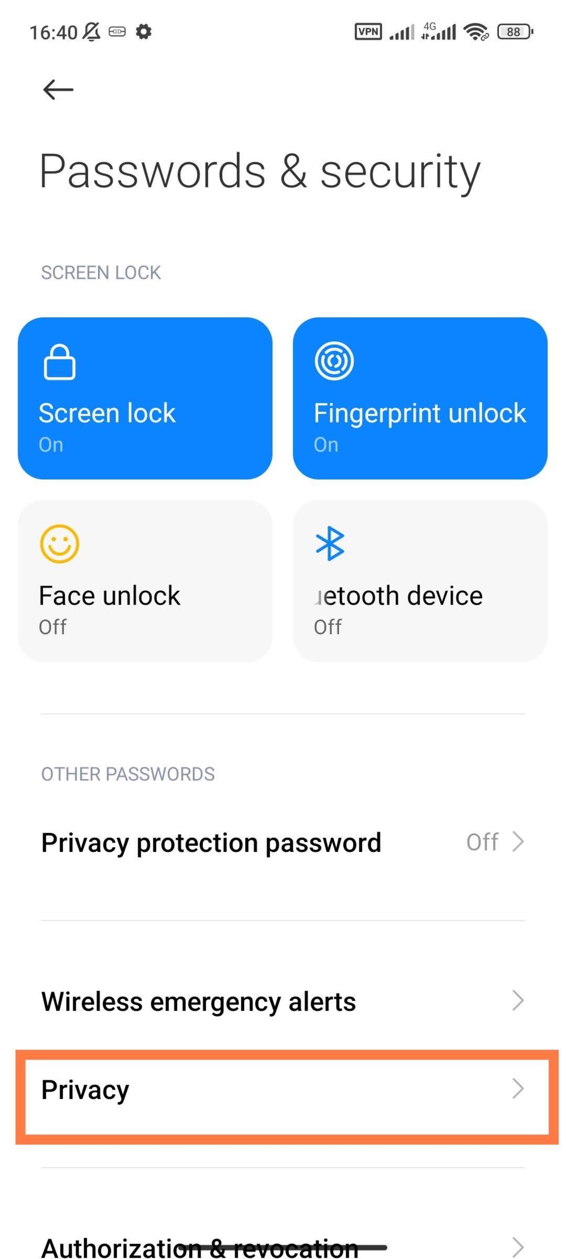 صفحه passwords & securtity شیائومی